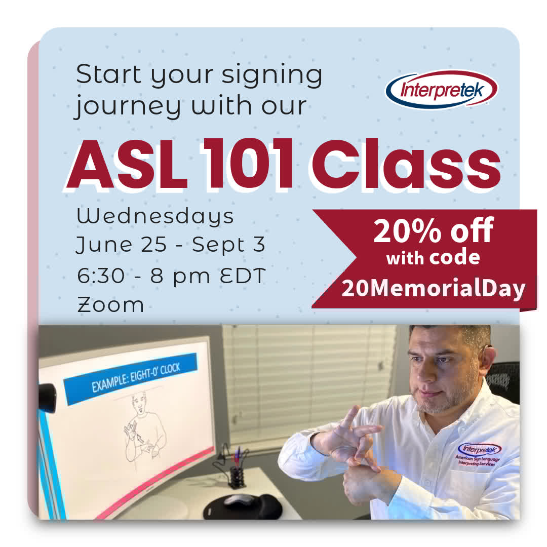 Interpretek's tweet image. Want to learn ASL? Join our upcoming class to learn the basic of American Sign Language!
Use code 20MemorialDay at check out for 20% off! bit.ly/4mvHXQO 
The Promo code expires TODAY 5/27/25
#LearnASL #Interpretek #ASLClasses