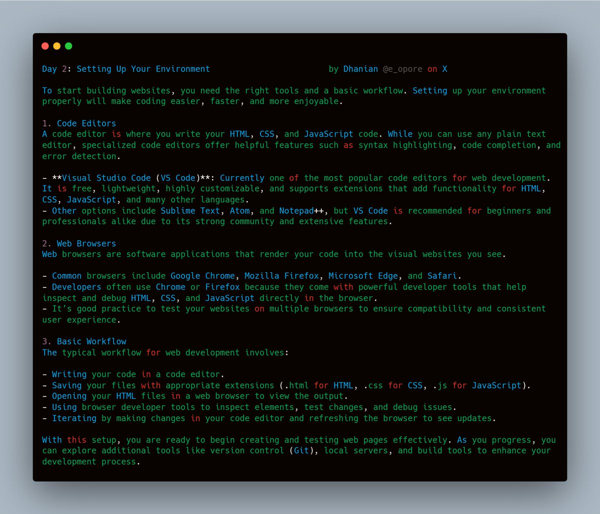 e_opore's tweet image. Day 2: Setting Up Your HTML Environment → Code Editors (VS Code), Web Browsers, Basic Workflow

Get the HTML ebook: codewithdhanian.gumroad.com/l/rjmkl