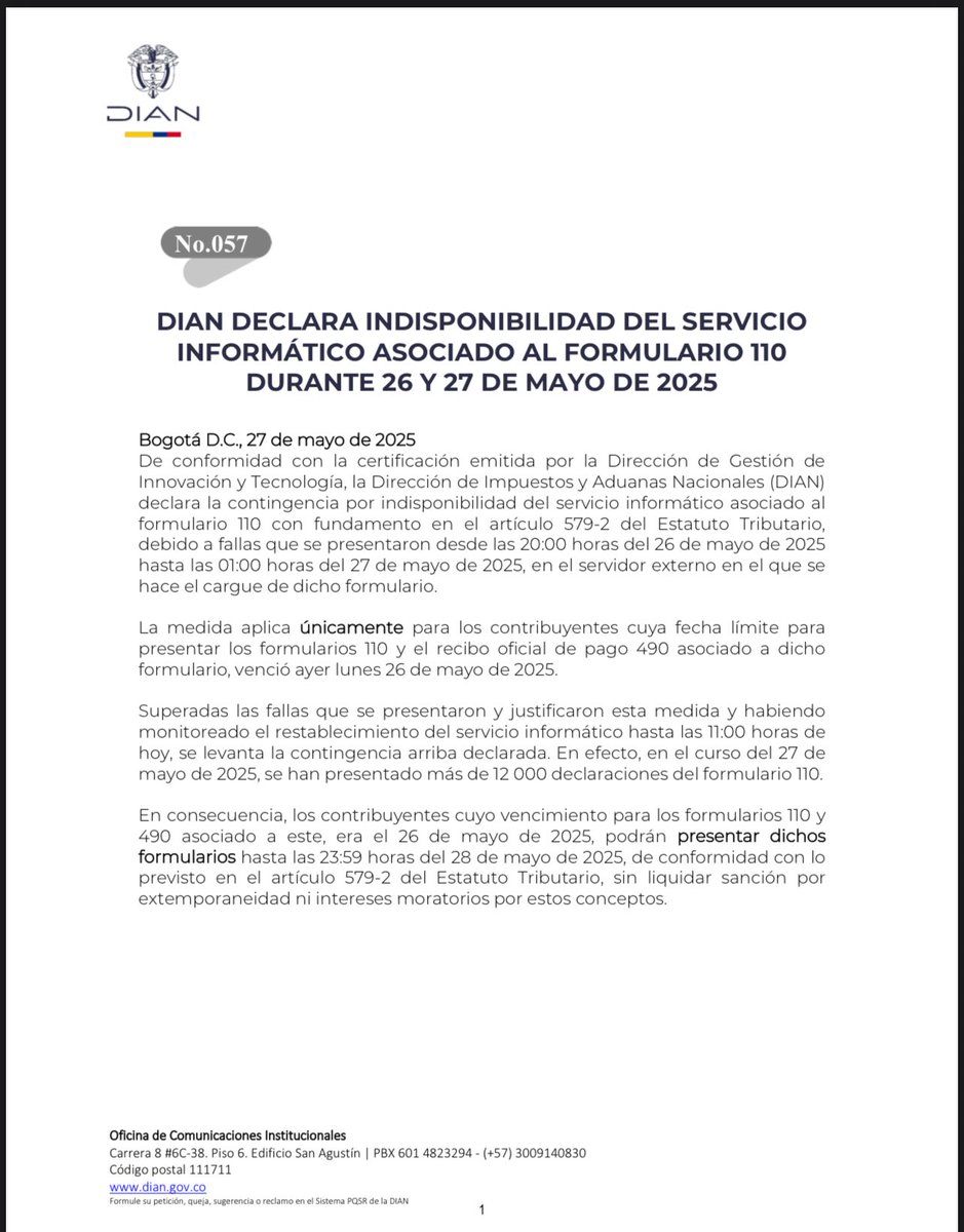 Nunca había visto que se declarará y levantarán a su vez la Contingencia en el mismo comunicado. En definitiva somos una burla completa

Algo es algo. Gracias a tod@s por este logro
#Contingencia #ContingenciaYa

<a href="/cocoasociacion/">COCO</a> <a href="/juanfaccountant/">Juan.acccountant</a> <a href="/LeonardoVaronG1/">Leonardo Varon Garcia</a> <a href="/impuestosconbo1/">impuestosconbotas</a>