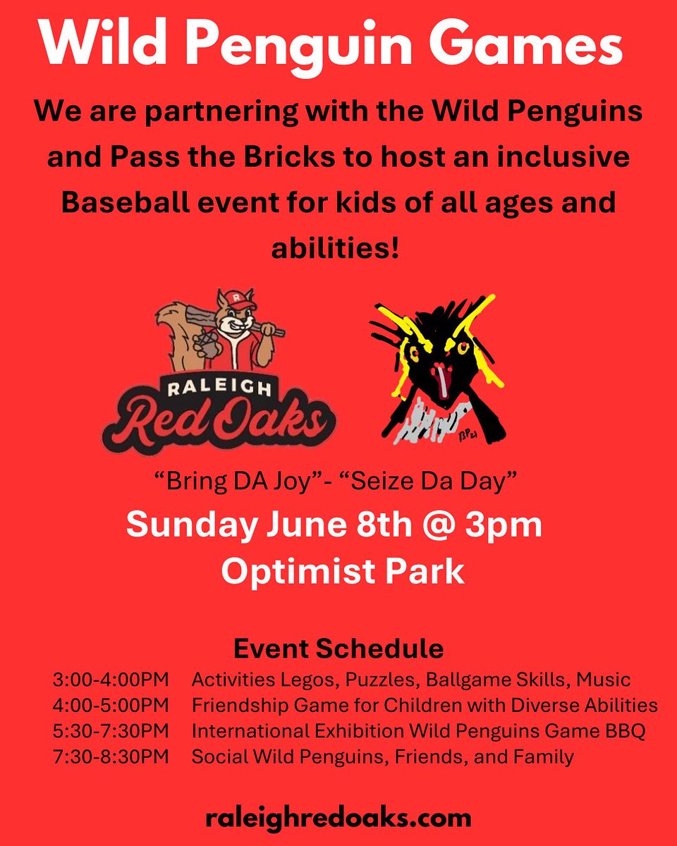 Something truly special is happening on June 8th. We’re hosting an Inclusive Baseball Event at Optimist Park — a free, one-of-a-kind experience for kids of all ages and abilities.
Email Coach Fulton: gmvmarlins@yahoo.com or clio@raleighredoaks.com