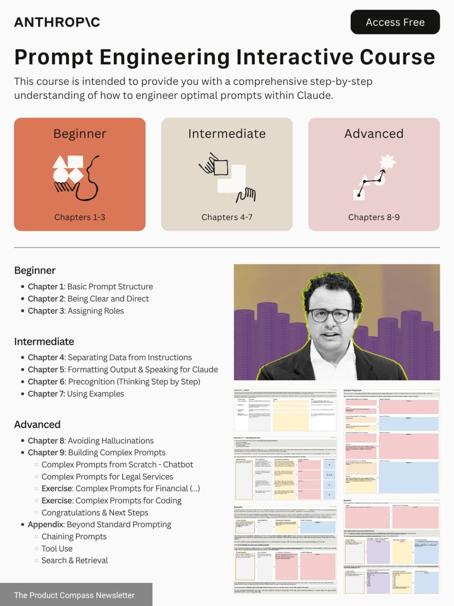 Hesamation's tweet image. Anthropic released a free interactive course on prompt engineering, an essential skill for everyone.
> how to structure a good prompt
> avoiding common pitfalls
> making a killer prompt library
> 80/20 rules and addressing them
It has 9 step-by-step chapters with exercises.