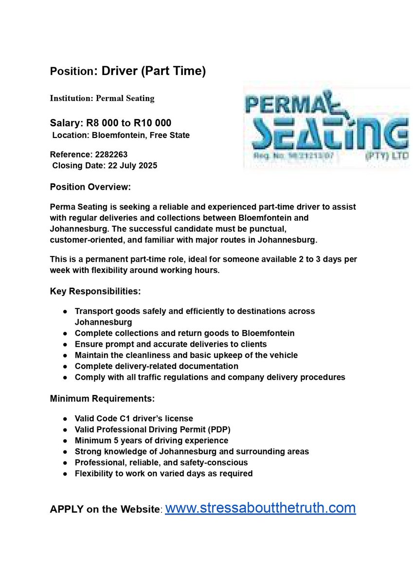 TheTruthBroke's tweet image. Position: Driver (Part Time)
Salary: R8 000 to R10 000
APPLY: stressaboutthetruth.com

Azania MK Party Thabo Bester The River #PEPHomeExpress Cobrizi #RIPPresleyChweneyagae #ChampionsToTheWorld #TheTasteMasterSA #GrowWithCapitec #LoveFNB Darren Piers Darren Banele The Milk