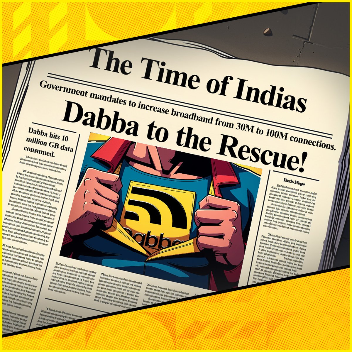 DabbaNetwork's tweet photo. Dabba to the Rescue ⚡️🛜

The Indian government is targeting 100M fixed broadband connections by 2030, a goal of the National Telecom Policy.

Dabba is helping lead the charge, with 100K+ hotspot deployments projected by 2026 to help connect underserved communities across India. https://t.co/7MO0xxN8mU