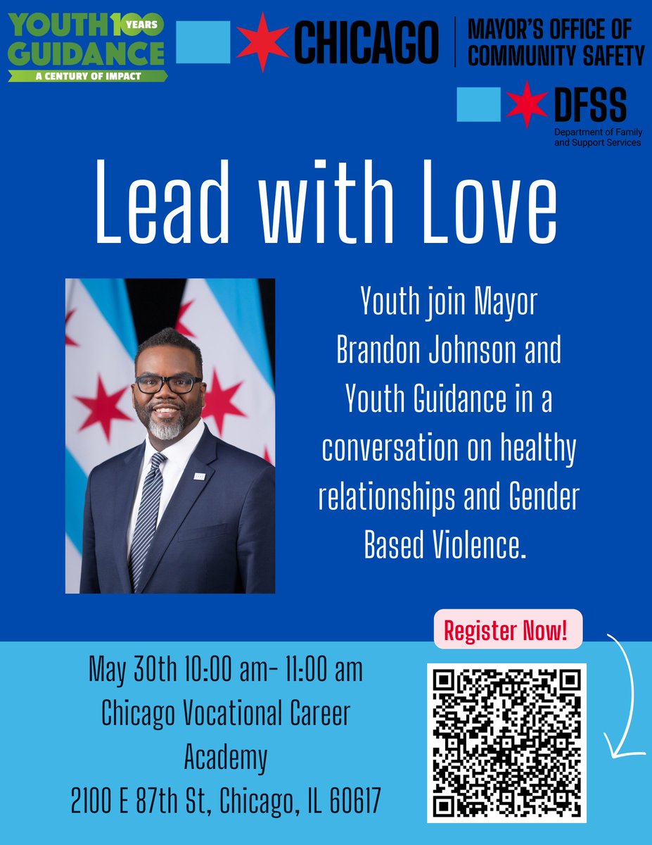 Chicago Department of Family & Support Services (@chifamsupport) on Twitter photo Chicago Vocational Career Academy students, youth working with Youth Guidance, and youth working with DFSS delegate agencies are invited to join <a href="/ChicagosMayor/">Mayor Brandon Johnson</a> for a conversation on dating and Gender-Based Violence on Friday, May 30.
Register Here: forms.office.com/g/YePaKEiKDS Chicago Vocational Career Academy students, youth working with Youth Guidance, and youth working with DFSS delegate agencies are invited to join <a href="/ChicagosMayor/">Mayor Brandon Johnson</a> for a conversation on dating and Gender-Based Violence on Friday, May 30.
Register Here: forms.office.com/g/YePaKEiKDS
