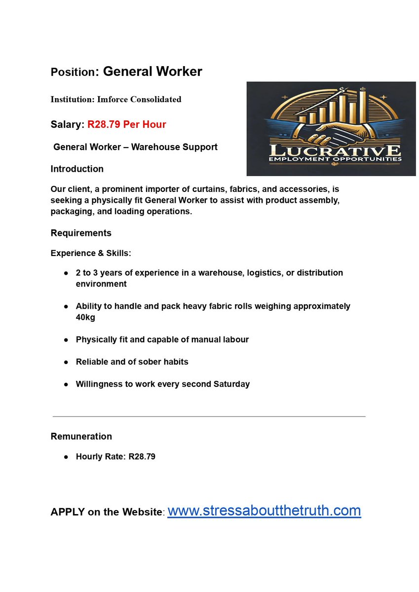 TheTruthBroke's tweet image. Position: General Worker 
Salary: R28.79 per hour 
APPLY: stressaboutthetruth.com

Azania MK Party Thabo Bester The River #PEPHomeExpress Cobrizi #RIPPresleyChweneyagae #ChampionsToTheWorld #TheTasteMasterSA #GrowWithCapitec #LoveFNB Darren Piers Darren Banele The Milk Restaurant