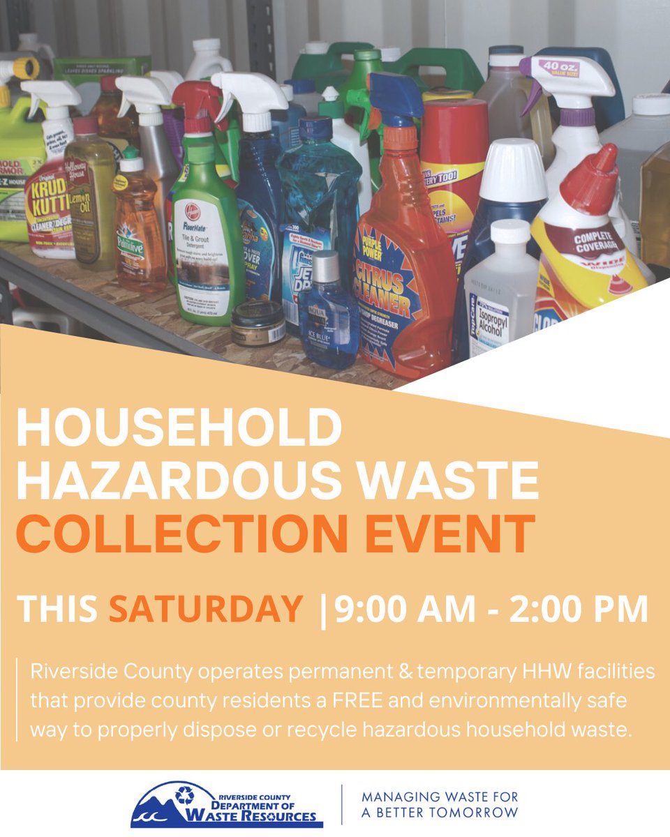 ❗COLLECTION EVENT❗

🗓️ Saturday, May 31st
🕘 9AM to 2PM
📍 Pinyon Flats Transfer Station
South Pinyon Flats Road, Pinyon Pines, 92561

For more information on acceptable items, please call (800) 304-2226 or visit our website at rcwaste.org/hhw