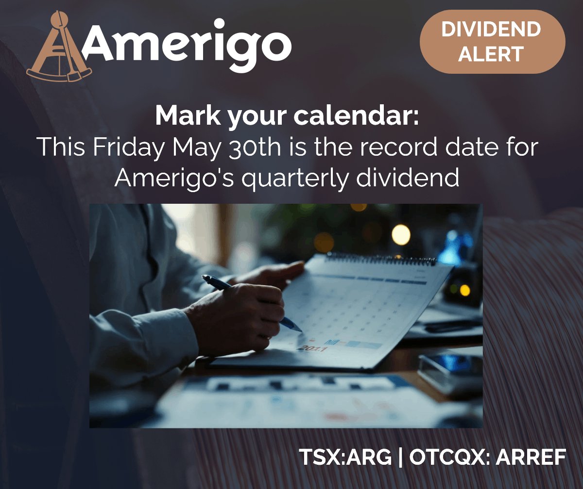 <a href="/AmerigoRes/">Amerigo</a> $ARG $AAREF 
Next Quarterly Dividend Record Date: Friday May 30, 2025

#WealthBuilding #dividends #copper #growthstocks #stockinvesting #PassiveIncome #mining