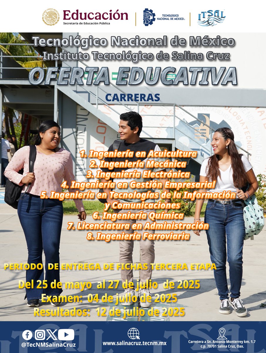 ¡Atención Aspirantes!

El Tecnológico Nacional de México a través del Instituto Tecnológico de Salina Cruz anuncia su
Oferta Educativa 2025.