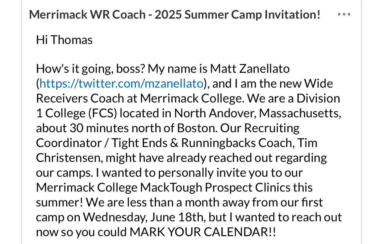 ThomasGuido08's tweet image. Honored to be invited to Merrimack College Camp!
@ethan_jeros @MendhamFootball @mzanellato @KinslerLatish @CoachDrixNCSA @nextlvlculture @ScoutNickP @CSAPrepStar @WillVapreps