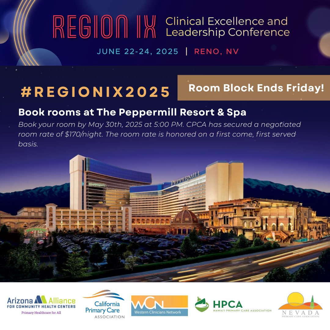California Primary Care Association (@cpca) on Twitter photo Have you booked your hotel for Region IX Clinical Excellence an Leadership Conference yet? 🏨
Time is running out! ⏳The room block ends Friday, May 30th at 5:00 PM, book your rooms today! 🔗ow.ly/8FPs50VZwr2 Have you booked your hotel for Region IX Clinical Excellence an Leadership Conference yet? 🏨
Time is running out! ⏳The room block ends Friday, May 30th at 5:00 PM, book your rooms today! 🔗ow.ly/8FPs50VZwr2
