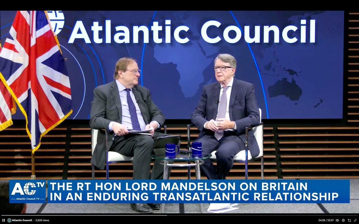 "For the UK and the rest of Europe, we must reboot the transatlantic alliance—indeed, a boot up the proverbial backside is needed now—to deliver peace through strength across three interconnected domains: military, economic, and technological."

Ambassador Mandelson -  delivering