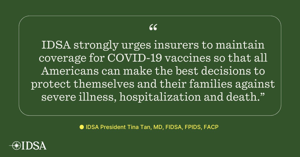 IDSA (@idsainfo) on Twitter photo .<a href="/SecKennedy/">Secretary Kennedy</a>'s announcement that COVID-19 vaccines will no longer be recommended for healthy children and pregnant women could reduce vaccine access for millions of Americans.
IDSA urges insurers to maintain coverage for COVID-19 vaccines: bit.ly/4jjmwPV .<a href="/SecKennedy/">Secretary Kennedy</a>'s announcement that COVID-19 vaccines will no longer be recommended for healthy children and pregnant women could reduce vaccine access for millions of Americans.
IDSA urges insurers to maintain coverage for COVID-19 vaccines: bit.ly/4jjmwPV