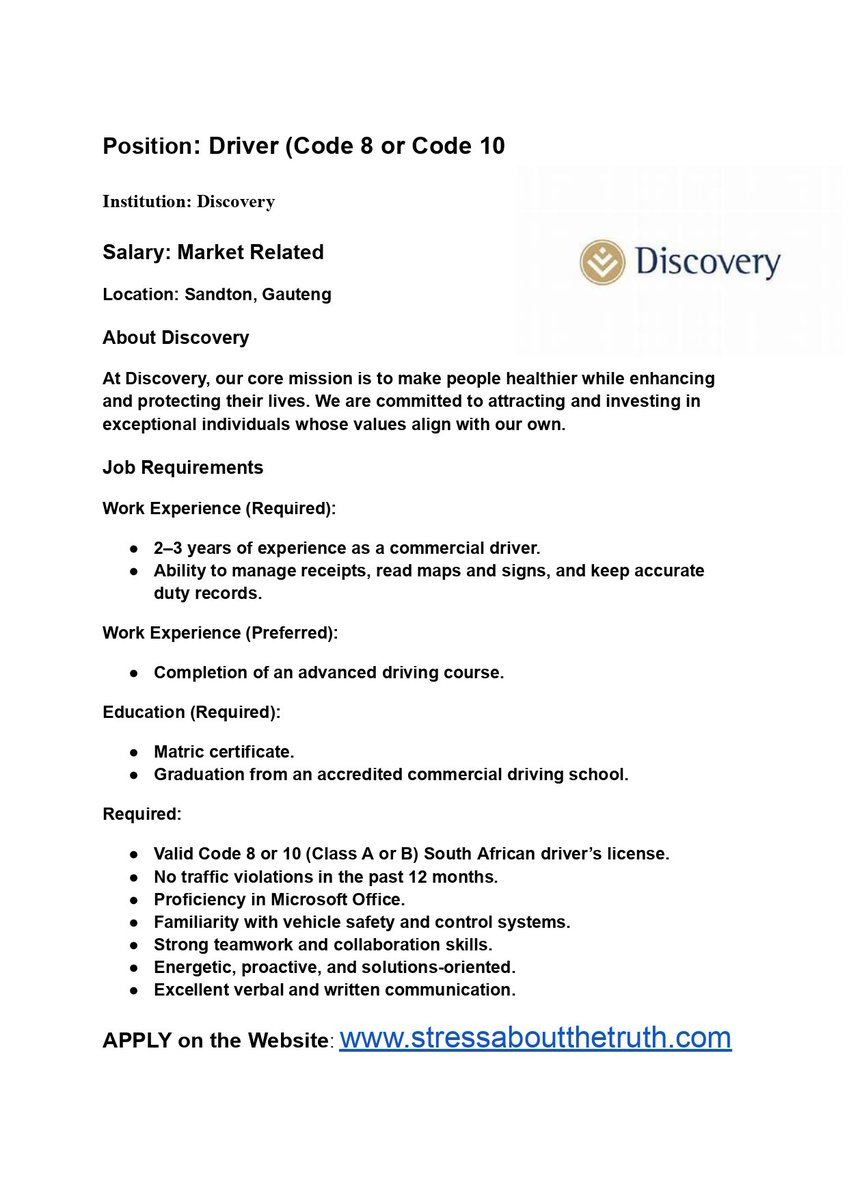 TheTruthBroke's tweet image. Position: Driver (Code 8 or Code 10)
APPLY: stressaboutthetruth.com

Azania MK Party Thabo Bester The River #PEPHomeExpress Cobrizi #RIPPresleyChweneyagae #ChampionsToTheWorld #TheTasteMasterSA #GrowWithCapitec #LoveFNB Darren Piers Darren Banele The Milk Restaurant