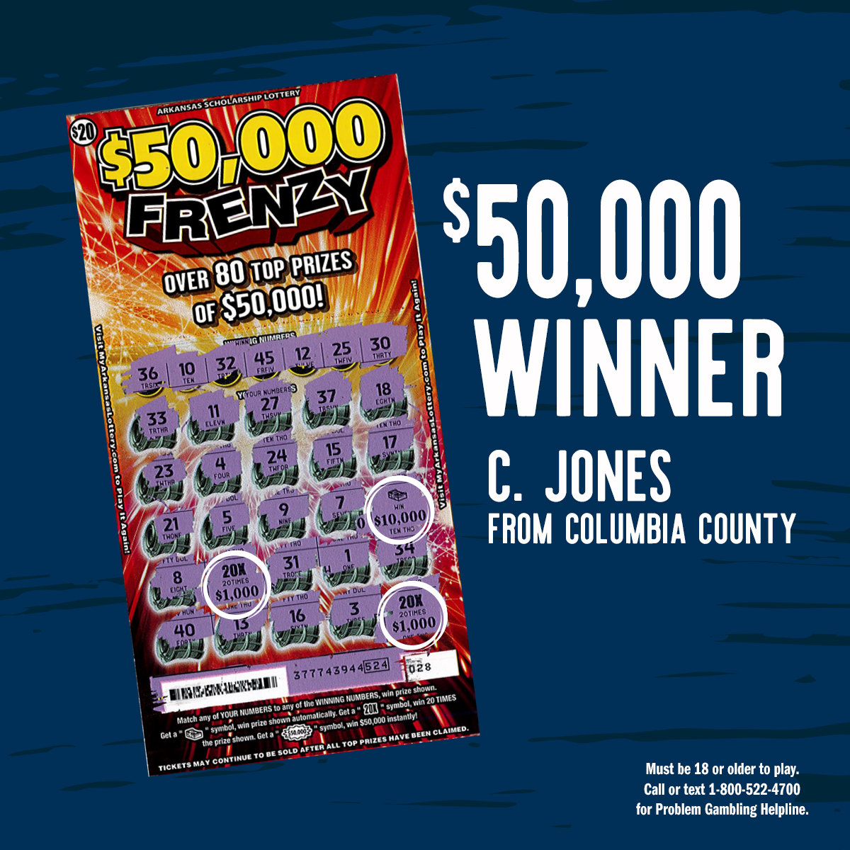 C. Jones from Columbia County said the $50,000 Frenzy ticket was "calling his name." He answered and won $50,000! TONS of prizes still out there. Join the winning frenzy! #ThisIsWinning MyArkansasLottery.com/Games/50000-Fr…