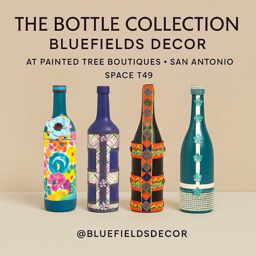 BluefieldsDecor's tweet image. A collection with heart, heritage &amp;amp; handcrafted beauty. ✨
Shop the Bottle Collection at Painted Tree San Antonio – Space T49 (behind Ginger Pine Grove).
#BluefieldsDecor #UpcycledArt #shopatpaintedtreesanantoniotx
🛍️ @shopatpaintedtreesanantoniotx
📍 522 NW Loop 410