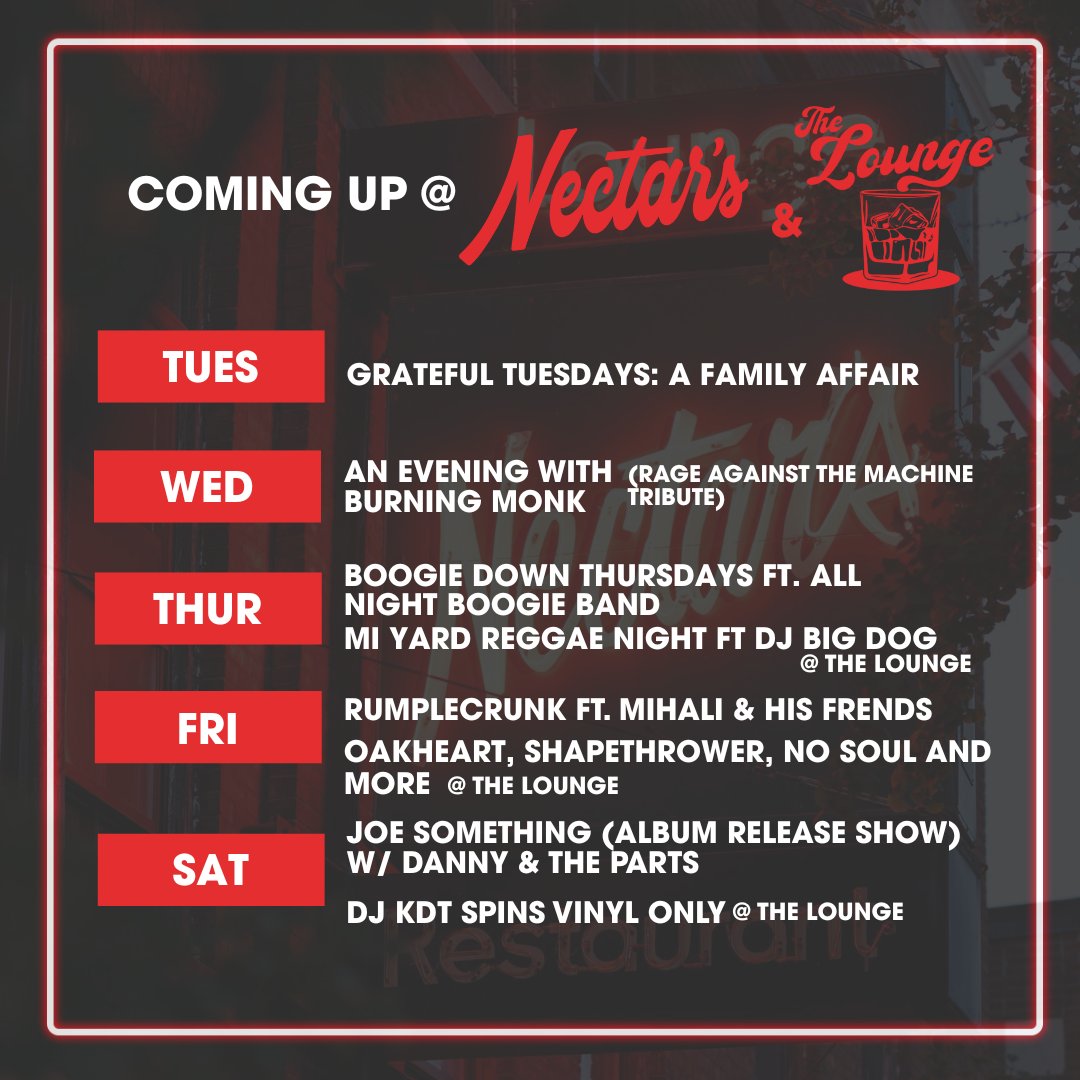 Only two more weeks to make some lasting memories here at Nectar’s! Get your tix now for an unforgettable night out this week: 

🎟: bit.ly/3Q2KxQC