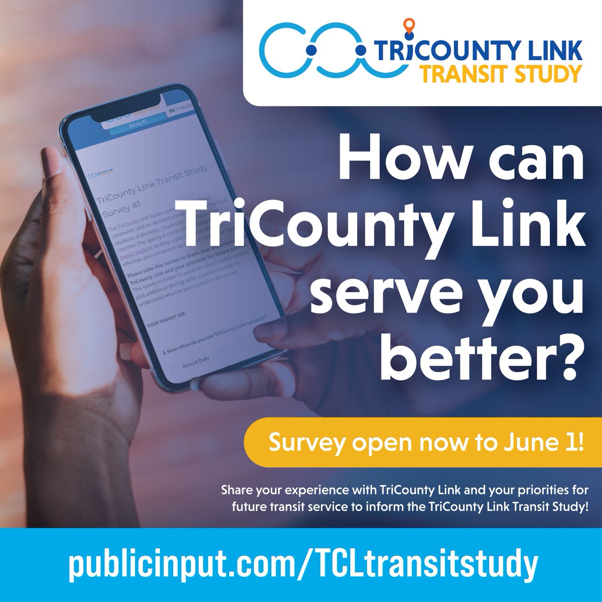 There's only a few days left to take the TriCounty Link Transit Study. Share your experience with TriCounty Link service.

Take the online survey today at publicinput.com/TCLtransitstudy
Learn more about this project: ridetricountylink.com/transitstudy!