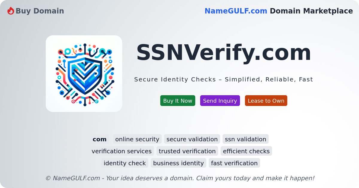 namegulf's tweet image. Domain: SSNVerify.com

Secure Identity Checks – Simplified, Reliable, Fast

namegulf.com/buy-domain/ssn…

#onlinesecurity #securevalidation #ssnvalidation #verificationservices #trustedverification