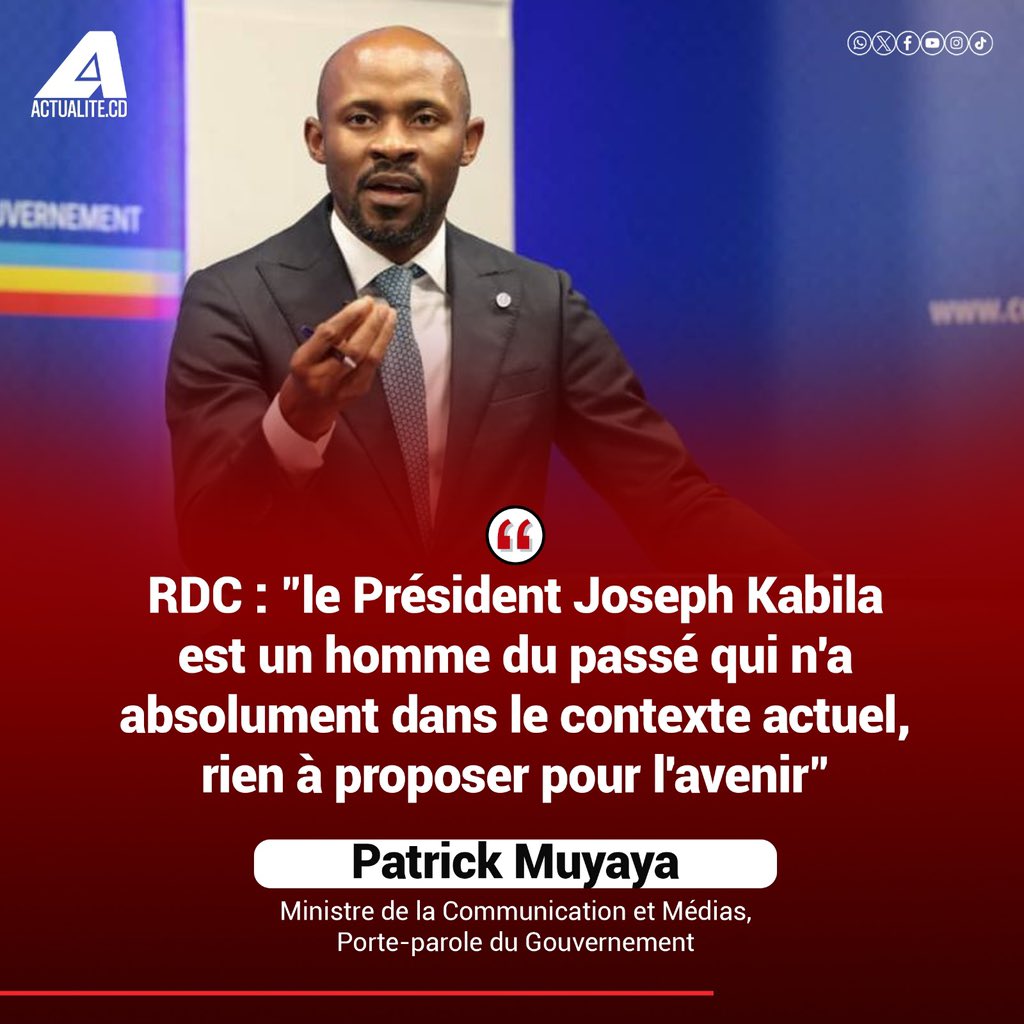 RDC: "le Président Joseph Kabila est un homme du passé qui n'a absolument dans le contexte actuel, rien à proposer pour l'avenir", Patrick Muyaya, Ministre de la Communication et Médias, Porte-parole du Gouvernement

Pour suivre la chaîne Whatsapp de actualité.CD 👉🏾