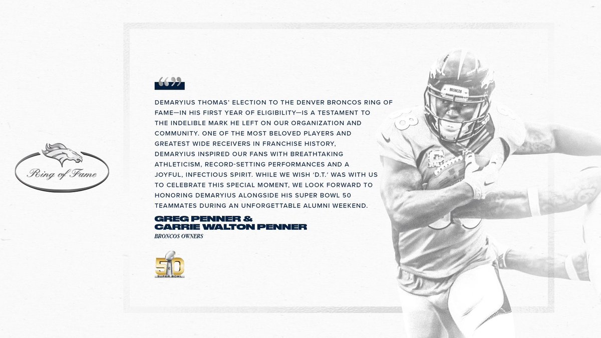 A testament to the indelible mark D.T. left on our organization and community. 🧡

Broncos Owners Greg Penner &amp; Carrie Walton Penner on Demaryius Thomas’ selection to the #BroncosROF:
