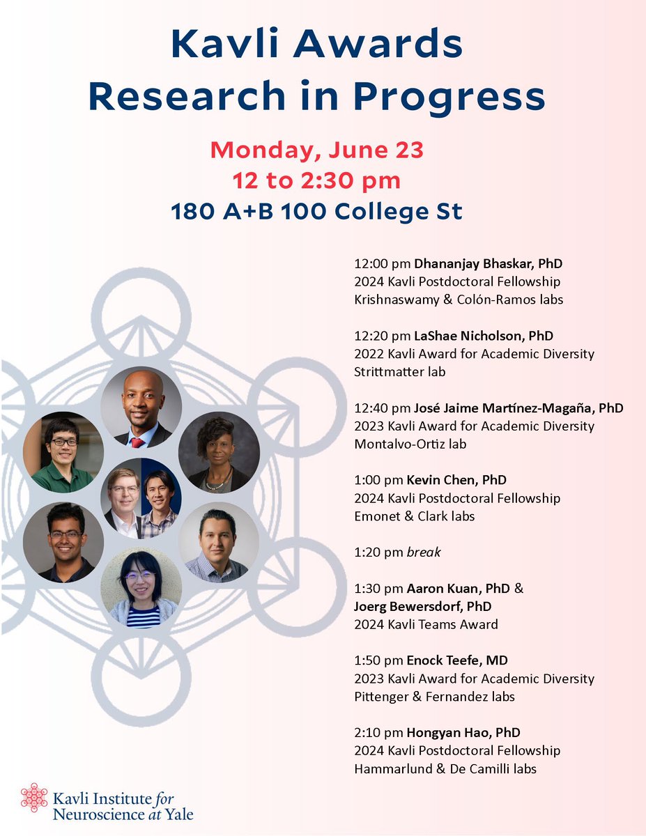 Yale Kavli Institute for Neuroscience (@kavliatyale) on Twitter photo Mark your calendars 🗓️ for June 23 for a <a href="/KavliAtYale/">Yale Kavli Institute for Neuroscience</a> Awards Research in Progress!🧠
Hear from awardees <a href="/dbhaskar92/">Dhananjay Bhaskar</a>, <a href="/LaShae_NeuroXp/">LaShae K. Nicholson, PhD</a>, <a href="/JJaimeMarti/">José Jaime Martínez-Magaña</a>, <a href="/kevinschen13/">Kevin Sean Chen</a>, <a href="/aaron_t_kuan/">Aaron Kuan</a>, <a href="/JoergBewersdorf/">Joerg Bewersdorf</a>, <a href="/EnockTeefeMD_/">EnockTeefeMD</a>, & <a href="/hongyan_hao/">Hongyan Hao</a> as they share exciting updates on their projects. Mark your calendars 🗓️ for June 23 for a <a href="/KavliAtYale/">Yale Kavli Institute for Neuroscience</a> Awards Research in Progress!🧠
Hear from awardees <a href="/dbhaskar92/">Dhananjay Bhaskar</a>, <a href="/LaShae_NeuroXp/">LaShae K. Nicholson, PhD</a>, <a href="/JJaimeMarti/">José Jaime Martínez-Magaña</a>, <a href="/kevinschen13/">Kevin Sean Chen</a>, <a href="/aaron_t_kuan/">Aaron Kuan</a>, <a href="/JoergBewersdorf/">Joerg Bewersdorf</a>, <a href="/EnockTeefeMD_/">EnockTeefeMD</a>, & <a href="/hongyan_hao/">Hongyan Hao</a> as they share exciting updates on their projects.