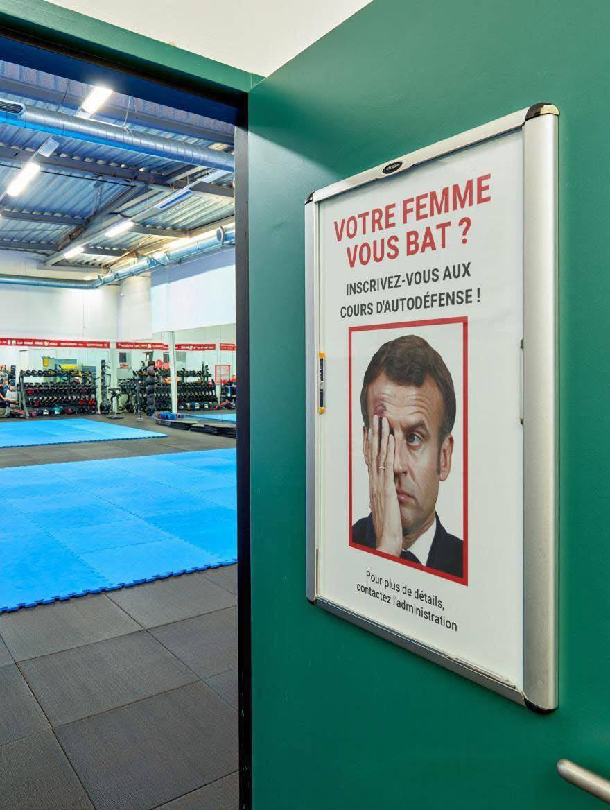 Banner of a gym in France:

“Wife hitting you? Join our self-defense classes!”