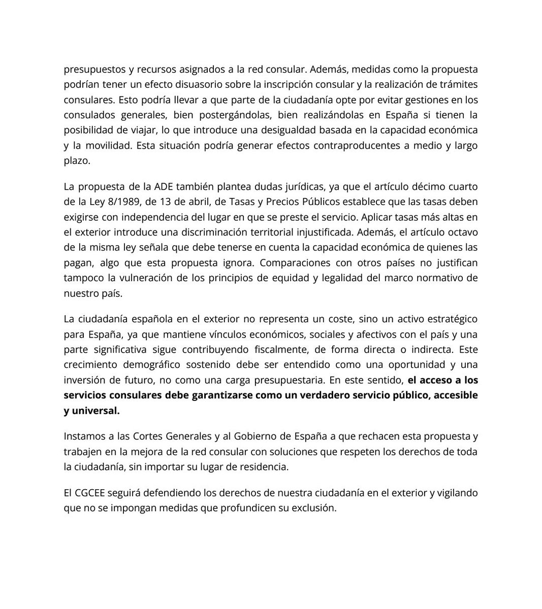 El Consejo General de la Ciudadanía Española en el Exterior <a href="/CGCEE_VIII/">Consejo General Ciudadanía Española en el Exterior</a> se posiciona ante la propuesta de aumento de tasas en el exterior hecha por la Asociación de Diplomático Españoles