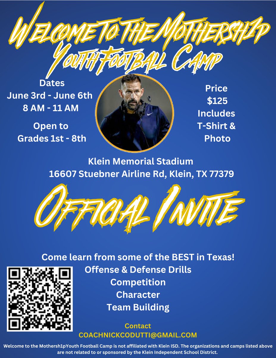 🏈 Calling All Young Athletes! 📷Get ready for an unforgettable summer experience at the Mothership Youth Football Camp! 📷 June 3rd - June 6th 📷 8 AM - 11 AM 📷 Klein Memorial Stadium, 16607 Stuebner Airline Rd, Klein, TX 77379 📷  (Includes Camp T-Shirt &amp; Photo!)  📷 Register