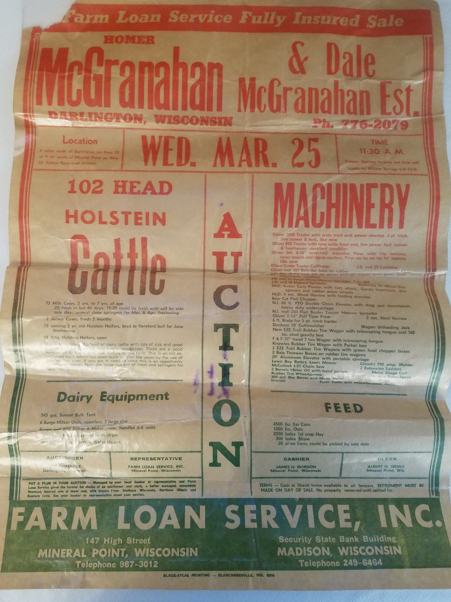 My first time seeing this. My great grandfather Dale and his brother Homer farmed north of town on 23 their entire lives. They retired and sold out in 1970. This is the auction advertisement. Stauffachers bought the land and buildings and their family still owns it today.