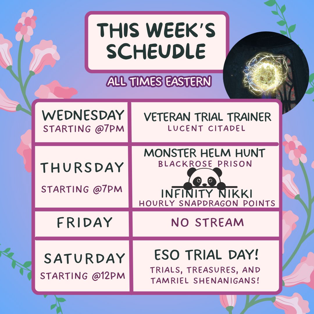 Hey Snapfam! 🐉
We've got a wonky schedule this week!
🎥 Wed: Lucent Citadel training run w/ For the Clear
🧠 Thurs: Vet Blackrose + Infinity Nikki pandamonium for panda outfits 🐼
🌿 Fri: No stream (touching grass? wild.)
⚔️ Sat: Tamriel chaos + Sanity’s Edge farm!