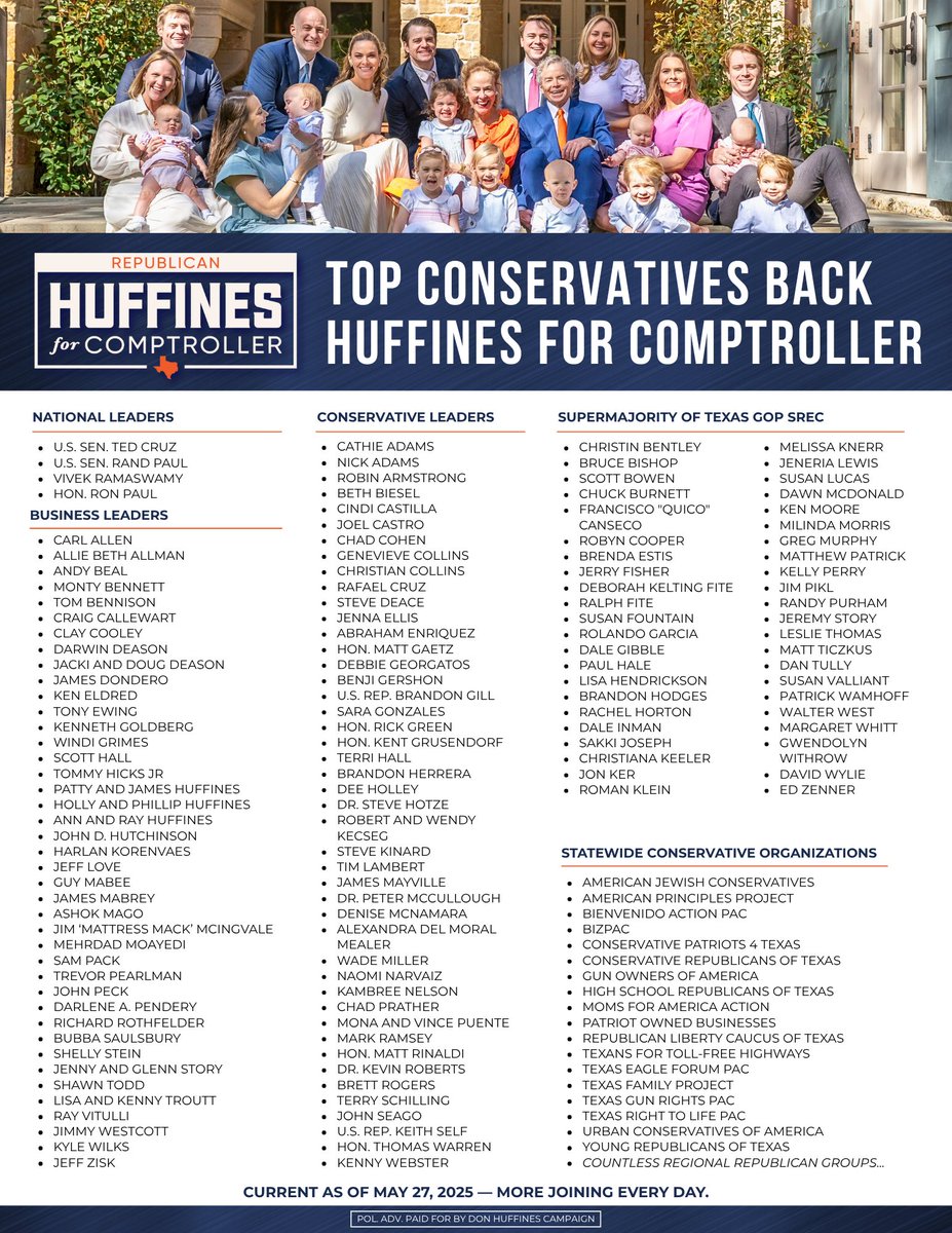 DonHuffines's tweet photo. Over 100 conservative leaders, business titans, and national voices have endorsed my winning campaign to DOGE Texas as Comptroller.
Read the growing list and join @TeamHuffines today: https://t.co/t7EcVvueVR https://t.co/0TRevpxLyd