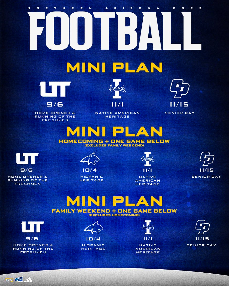 Plenty of ways for you to join us at Findlay Toyota Field this Fall ‼️ 

Mini plans are on sale now 🪓

🔗nauathletics.com/buy 

#RaiseTheFlag | #BigSkyFB