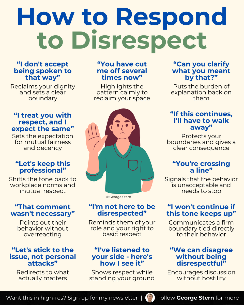 13 ways to respond to disrespect.

We've all experienced disrespect in our careers. 

How you react makes all the difference.

↳Take a breath and let them sit with their words
↳Stay calm and speak slowly
↳And use one of these phrases to assert boundaries and command respect