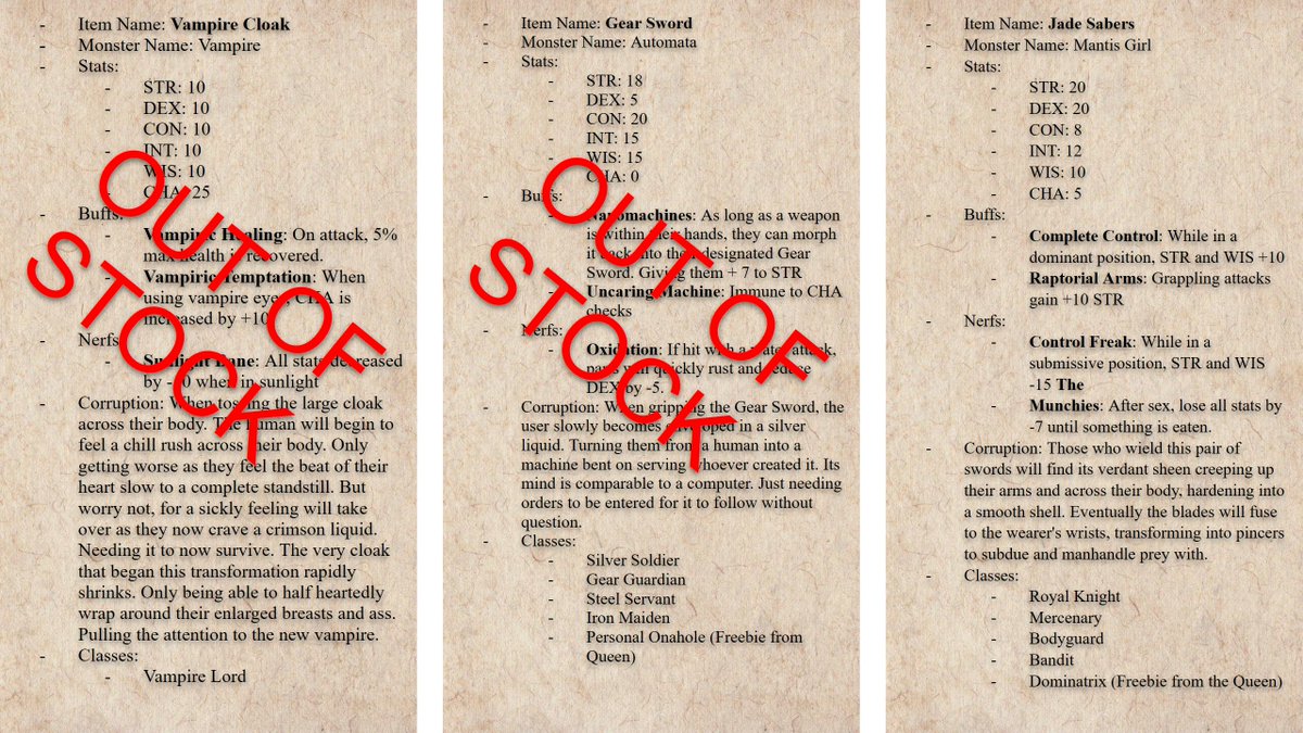 Thanks to how popular her items have been, Tessa has decided to post two extra sets along with what little remains from the previous two. All same as before, each item costs $20 and gets you a minimum 2K word story of the corruption.