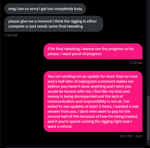 [Venting]
I was super excited for a c0mm, helped paid for by my community, it's something I've wanted for years. I was fine with the artist telling me it'd take longer than usual, 4 weeks instead of 3, maybe a little longer. I was not fine with not receiving any updates. [1/4]