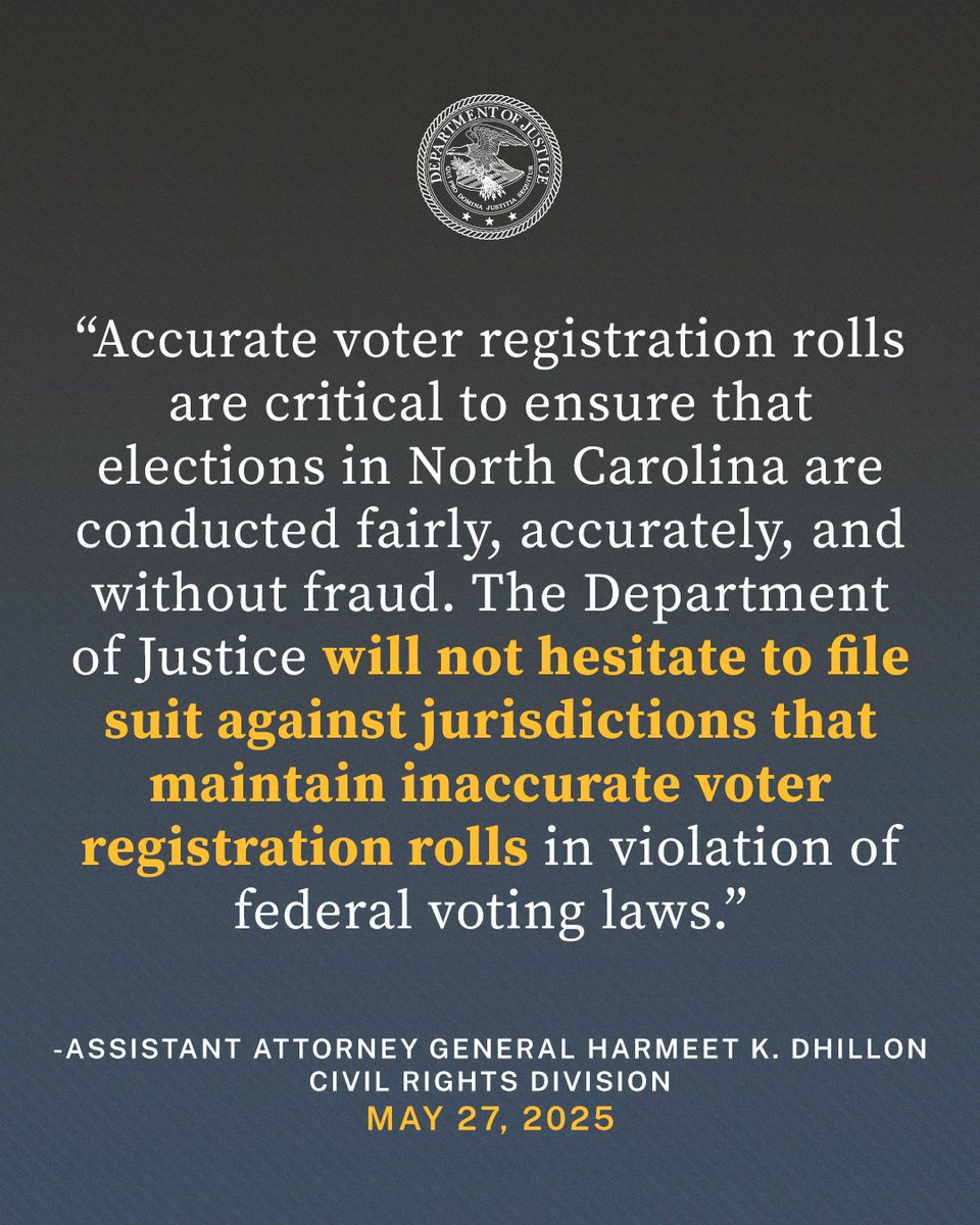 DOJ Civil Rights Division (@civilrights) on Twitter photo Justice Department Files Help America Vote Act Lawsuit Against North Carolina for Inaccurate Voter List
🔗: justice.gov/opa/pr/justice… Justice Department Files Help America Vote Act Lawsuit Against North Carolina for Inaccurate Voter List
🔗: justice.gov/opa/pr/justice…