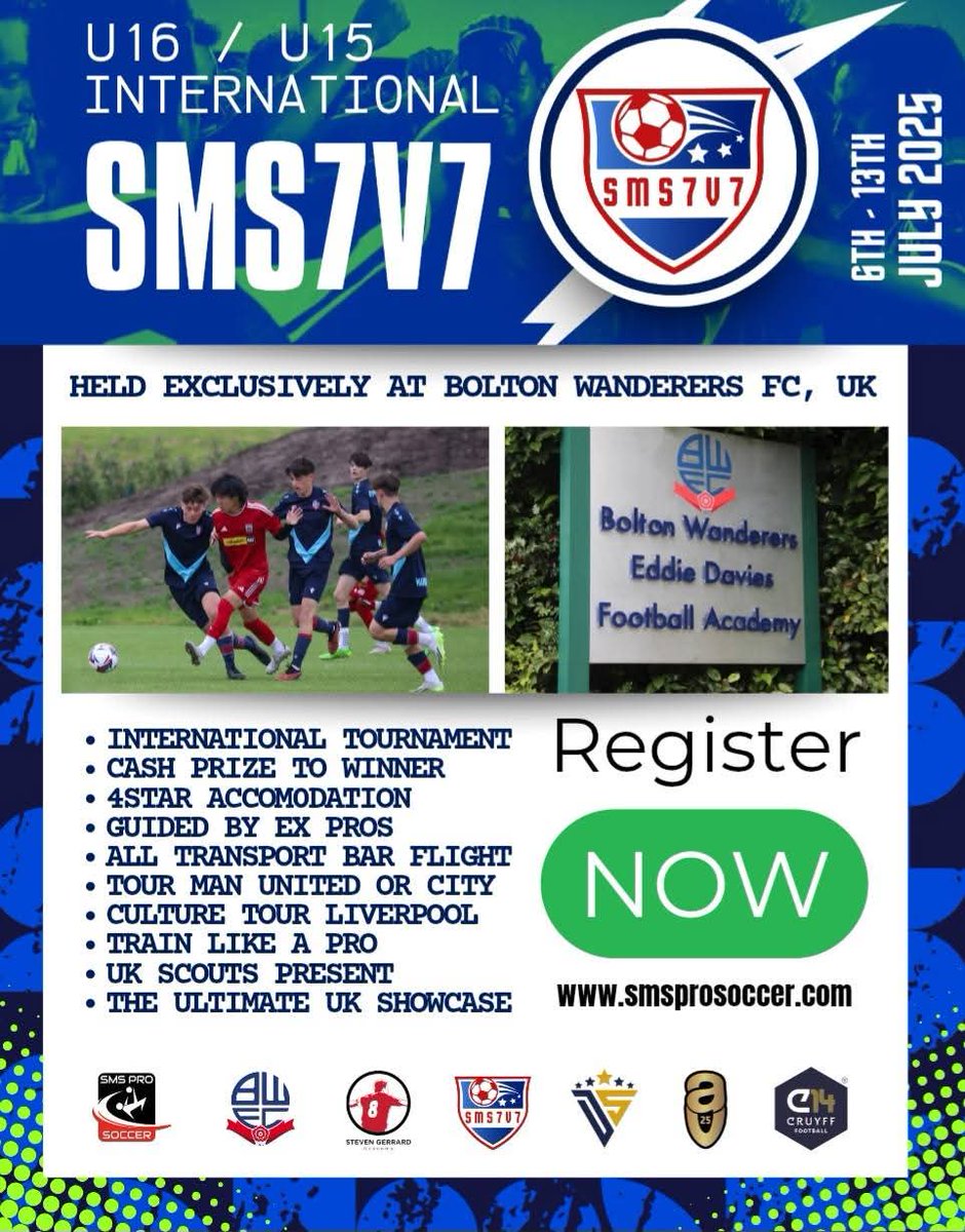 LAST SHOUT FOR TEAMS FOR OUR 7V7 TOURNAMENT THIS JULY !!

Open for players 14 to 17 years old in a unique showcase at a professional academy in the UK, whilst also visiting our best stadia &amp; taking in our culture.

Visit the city &amp; the stadia of the new Premier League Champions