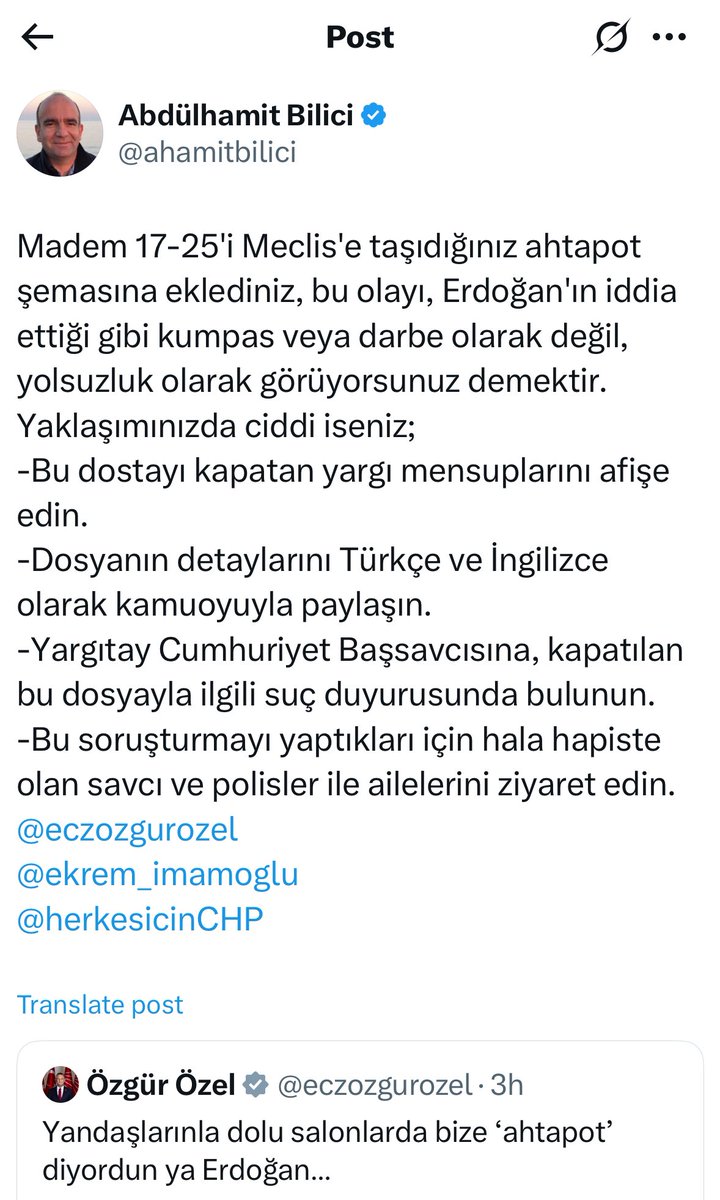 Abdülhamit Bilici (@ahamitbilici) on Twitter photo Hesabım Türkiye'de yasaklı olduğu için burada yazdıklarımı herkes göremiyor. Aşağıda ekran görüntüsünü paylaştığım çağrıyı, <a href="/eczozgurozel/">Özgür Özel</a>, <a href="/ekrem_imamoglu/">Ekrem İmamoğlu</a>, <a href="/mansuryavas06/">Mansur Yavaş</a> ve <a href="/herkesicinCHP/">CHP 🇹🇷</a>'nin görmesi için yardımcı olun lütfen. Hesabım Türkiye'de yasaklı olduğu için burada yazdıklarımı herkes göremiyor. Aşağıda ekran görüntüsünü paylaştığım çağrıyı, <a href="/eczozgurozel/">Özgür Özel</a>, <a href="/ekrem_imamoglu/">Ekrem İmamoğlu</a>, <a href="/mansuryavas06/">Mansur Yavaş</a> ve <a href="/herkesicinCHP/">CHP 🇹🇷</a>'nin görmesi için yardımcı olun lütfen.