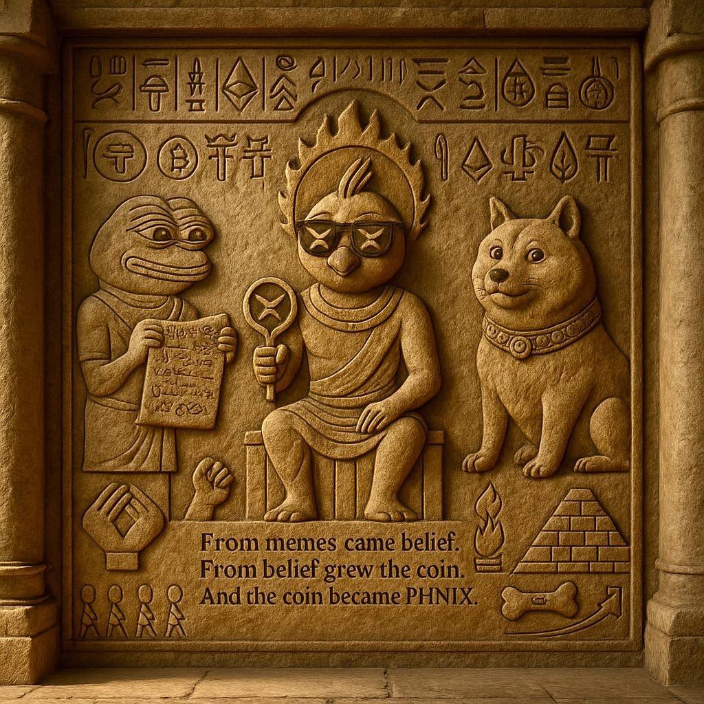 SargeGG's tweet image. From $XRP&apos;s ashes, $PHNIX takes flight,  

A meme coin reborn in the fire&apos;s light.  

Pepe and Doge, in ancient stone cast,  

Proclaim its rise from a digital past.