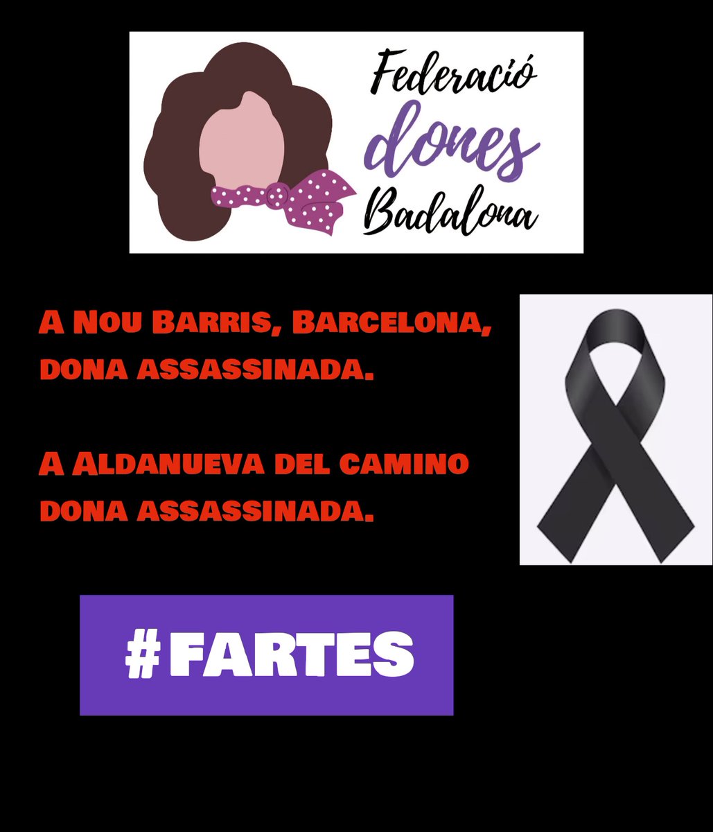 A Nou Barris, Barcelona, ​​han detingut un home que se l'acusa d'assassinar  a la seva parella.
l'autòpsia ha confirmat mort violenta.

Igualtat recull dades d'un presumpte crim masclista a la localitat cacerenca d'Aldanueva del Camino.
#nosqueremvivas 
#fartes