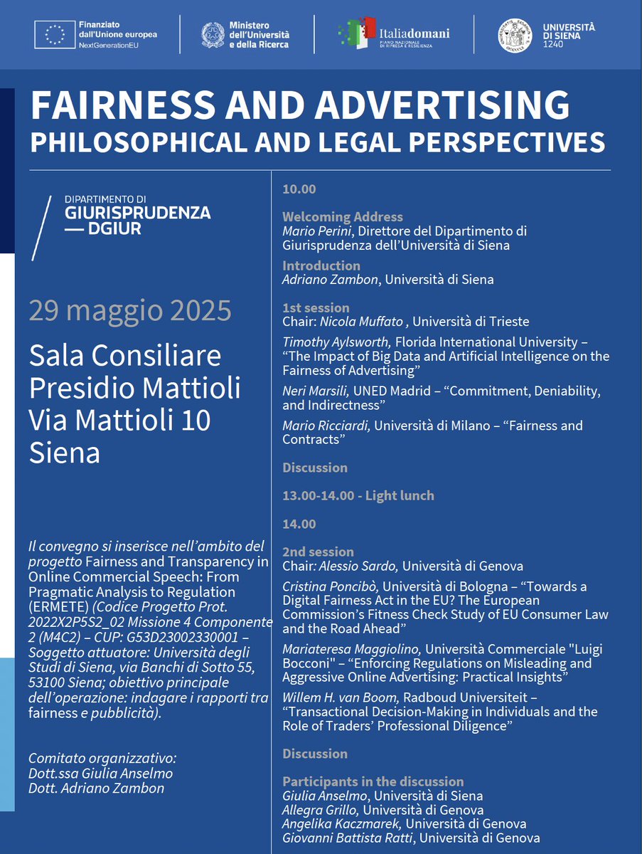 This Thursday (29/5) <a href="/unisiena/">Università di Siena</a> there will be a workshop on the regulation of online communication. Open to all! 
Details: dgiur.unisi.it/it/eventi/conv…
<a href="/marioricciard18/">Mario Ricciardi</a>