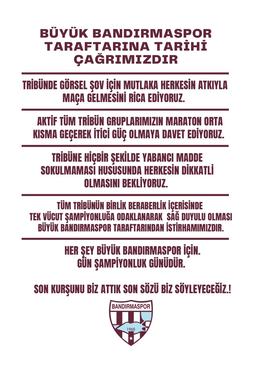 BÜYÜK BANDIRMASPOR TARAFTARINA TARİHİ ÇAĞRIMIZDIR!

#Bandırmaspor