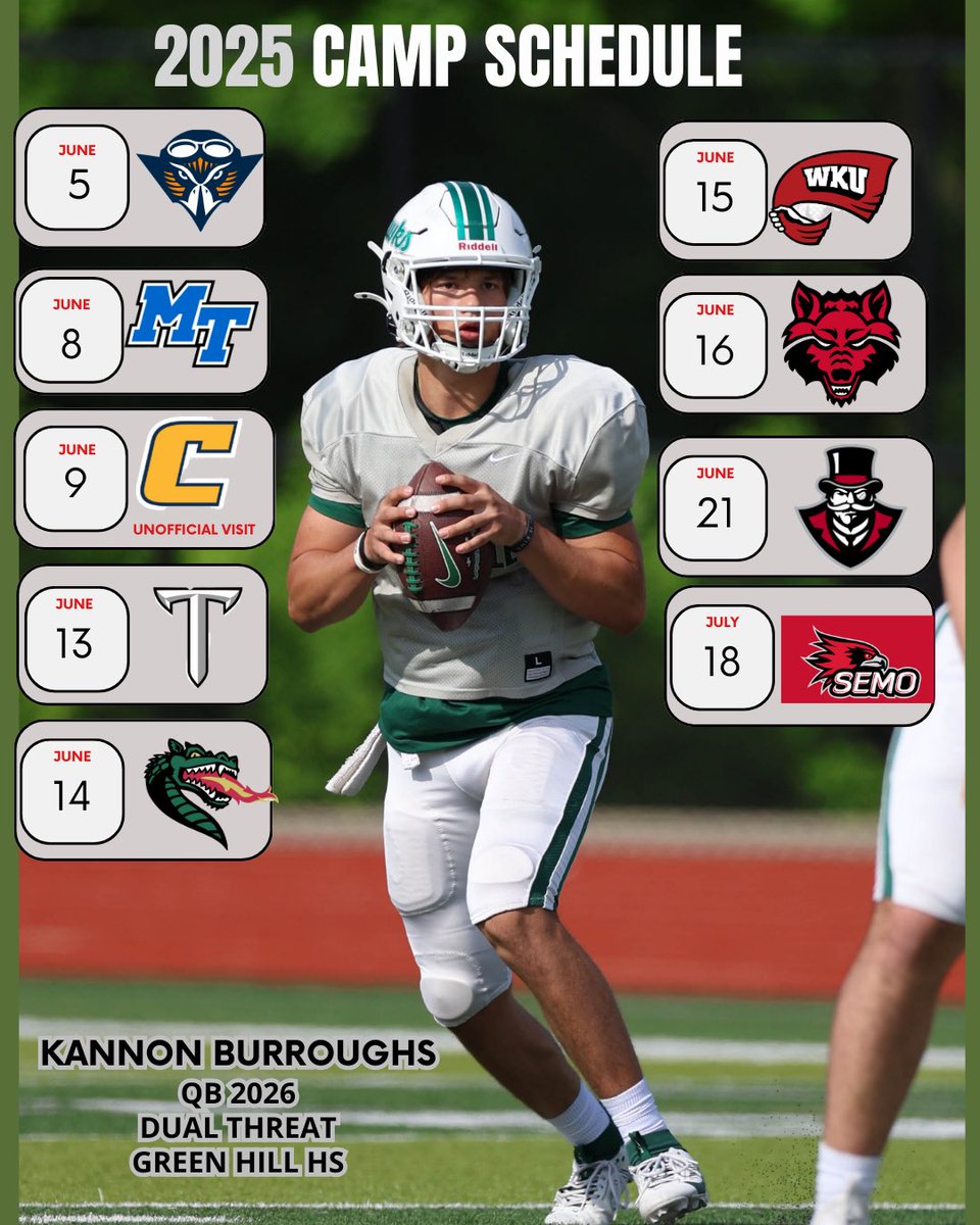 KannonB18's tweet image. updated camp schedule. @Jcrouch17 @G_HillAthletics @GreenHill_Hawks @RecruitTheHill @VisionQb @OnTopAthletics
