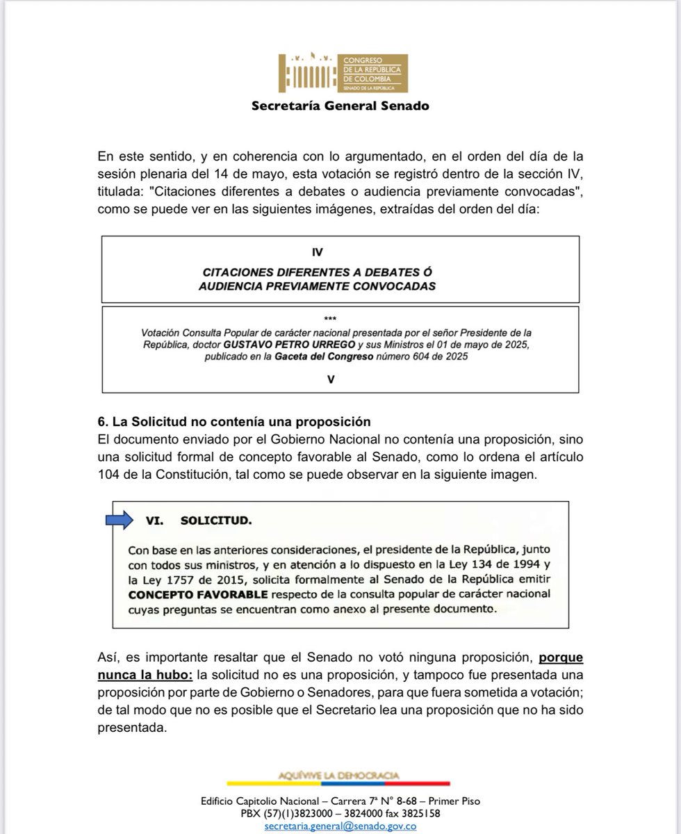 ricarospina's tweet photo. Atentos: El Secretario del @SenadoGovCo Diego González explica por qué fue legal la votación que hundió la consulta popular propuesta por el presidente @petrogustavo Dice que el acto administrativo fue publicado en la Gaceta del Congreso y señala que no se trató de una proposición sino una solicitud de concepto favorable. Vía @BluRadioCo