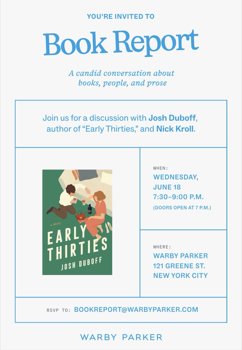 Very excited to talk with the funniest / best <a href="/nickkroll/">nick kroll</a> about my novel, at the <a href="/WarbyParker/">Warby Parker</a> SoHo store on June 18th! 
Limited tickets are available now &amp; can be reserved by e-mailing bookreport@warbyparker.com