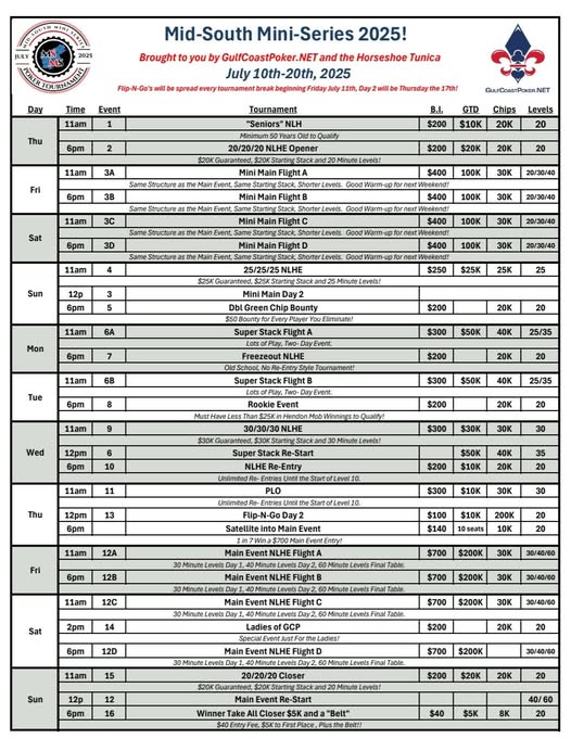 Social Media Contest #1 Horseshoe Tunica Mid-South Mini-Series, July 10 - 20, presented by GCP Tour:

Here's a fun one... Win a seat for you and your friend.
-Tag a friend in the comments who is eligible for the first ever Rookies Tournament ever in Tunica, MS.