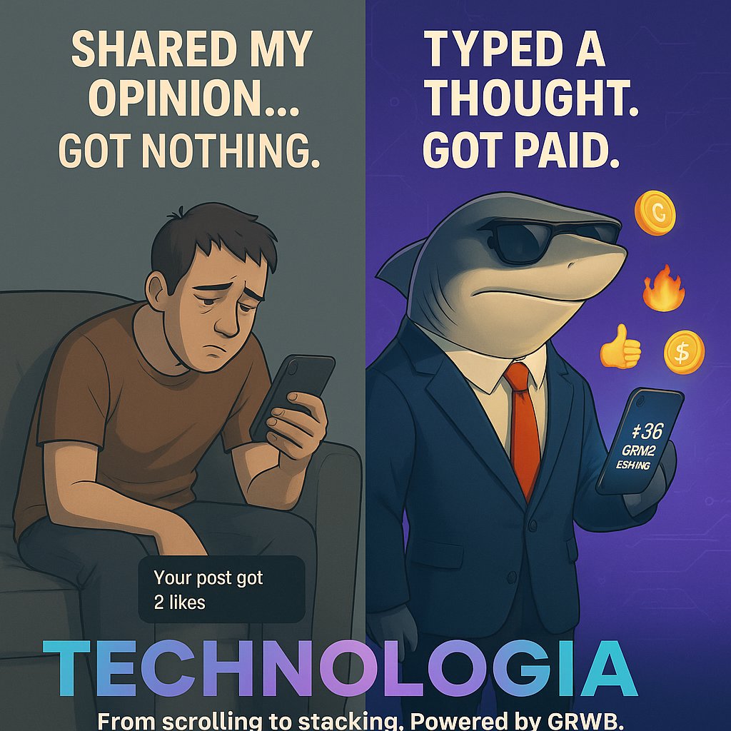Greatrwb's tweet photo. Who would you rather be?
🪫 Shared your opinion… got ignored.
⚡ Typed a thought… got paid in $GRWB.
This is TECHNOLOGIA —
From scrolling to stacking. Powered by GRWB.
#Technologia #GRWB #Web3Social #EarnWhilePosting #FromZeroToValue #CryptoSocial #XPOLL #TokenEconomy #IPL25 #AMAs