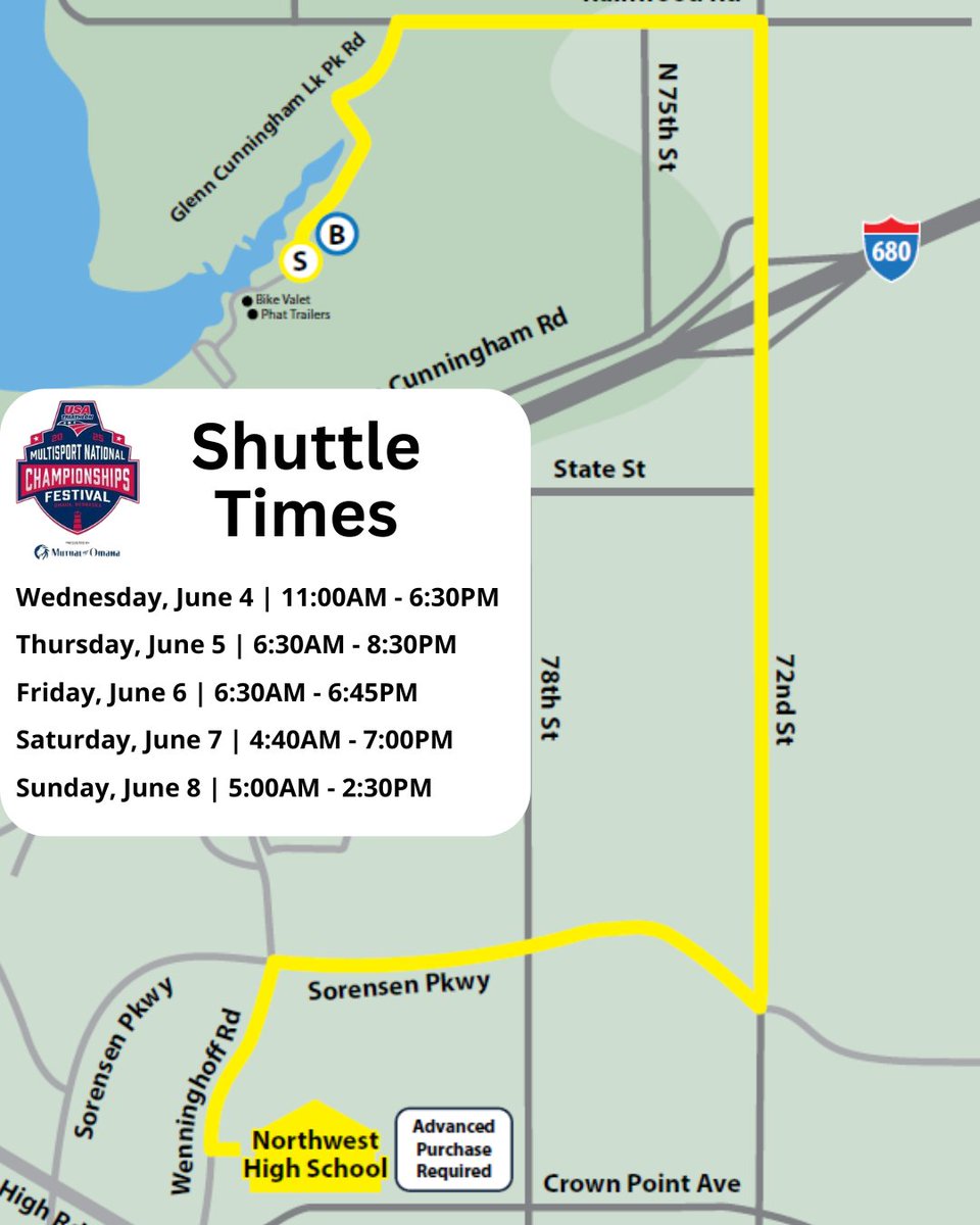 Omaha Sports Commission (@omaha_sport) on Twitter photo Parking and Shuttle Option
Parking at Northwest High School parking lot, DIRECTLY ACROSS FROM 6026 WENNINGHOFF RD, OMAHA 68134. Advanced purchase is required!
Shuttles will run every 30 minutes to and from this location to the event throughout race week!
<a href="/usatriathlon/">USA Triathlon</a> Parking and Shuttle Option
Parking at Northwest High School parking lot, DIRECTLY ACROSS FROM 6026 WENNINGHOFF RD, OMAHA 68134. Advanced purchase is required!
Shuttles will run every 30 minutes to and from this location to the event throughout race week!
<a href="/usatriathlon/">USA Triathlon</a>