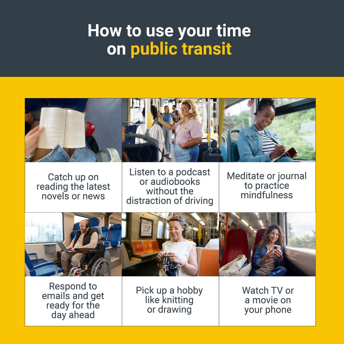 Every trip on transit helps reduce traffic, lower emissions, and improve air quality in the Bay Area. Next time you head out, sit, unwind and help Spare the Air one ride at a time.

Choose transit, get more done and breathe easier. #SparetheAir #CleanAir #Transit