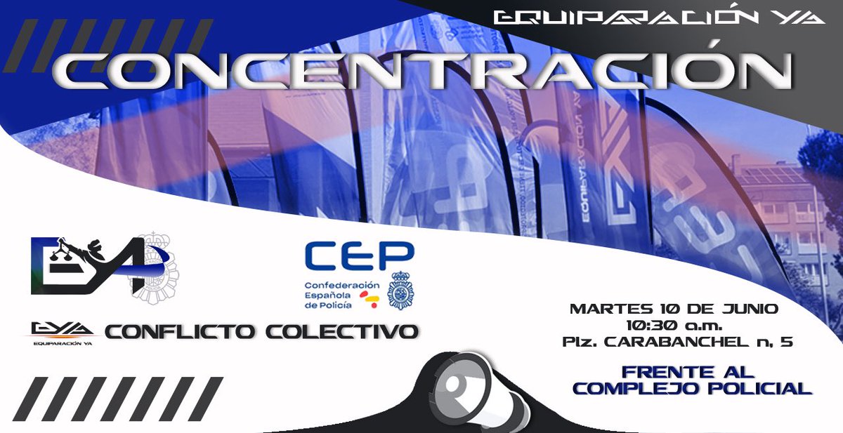 EYAPolicia's tweet image. ⚠️⚠️⚠️CONCENTRACIÓN ‼️‼️‼️

Volvemos 📣📣📣
Nueva concentración el martes 10 de junio, a las 10:30 a. m.
Plz. Carabanchel n° 5
Frente a las sedes sindicales con @cep_cepolicia contra los sindicatos que no quieren plantear el #ConflictoColectivo PERMANENTE por tu #EquiparacionYA